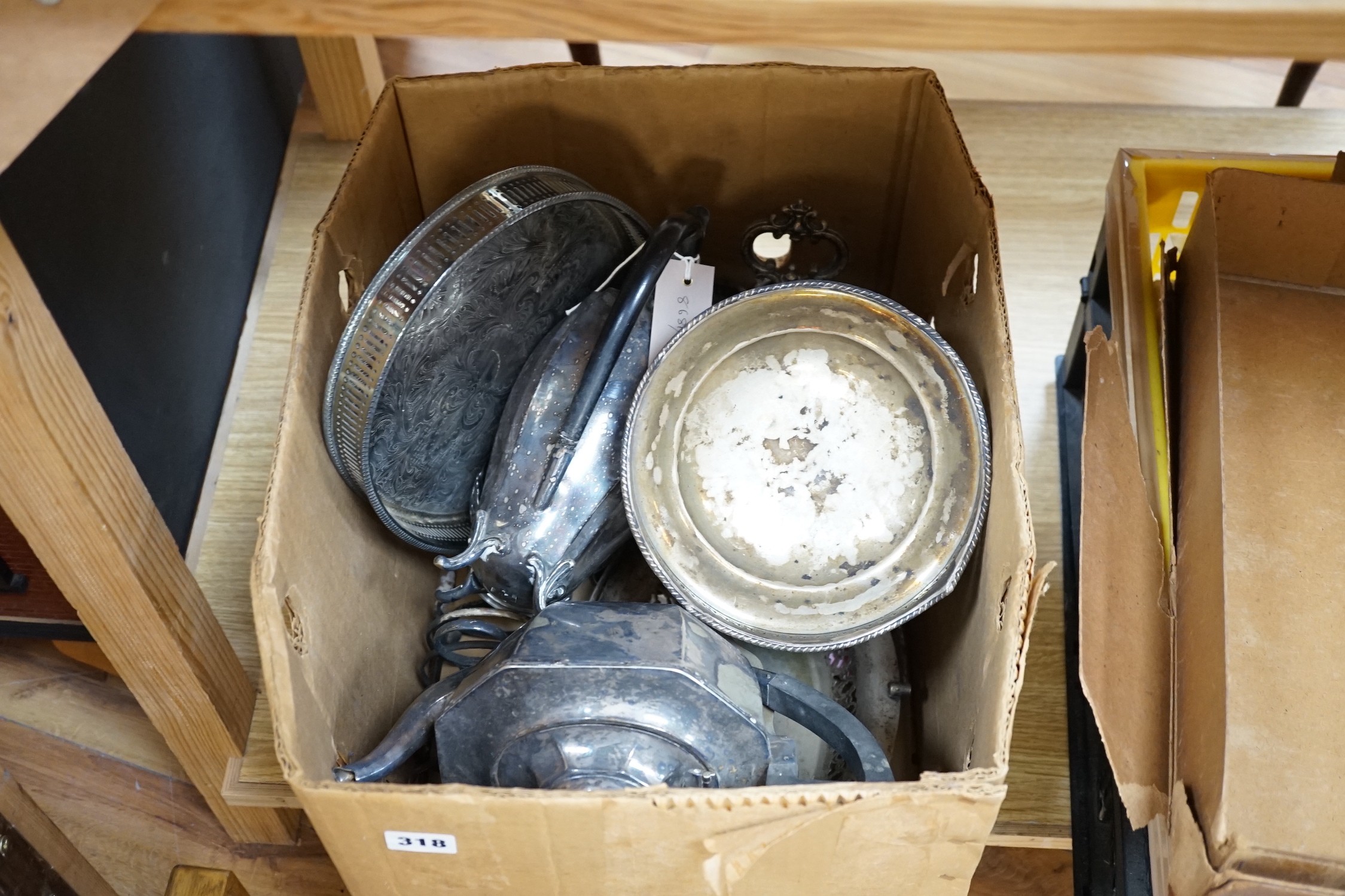 A four piece silver tea plated tea service, a plated egg cup stand, sundry other plated wares and a canteen of cutlery